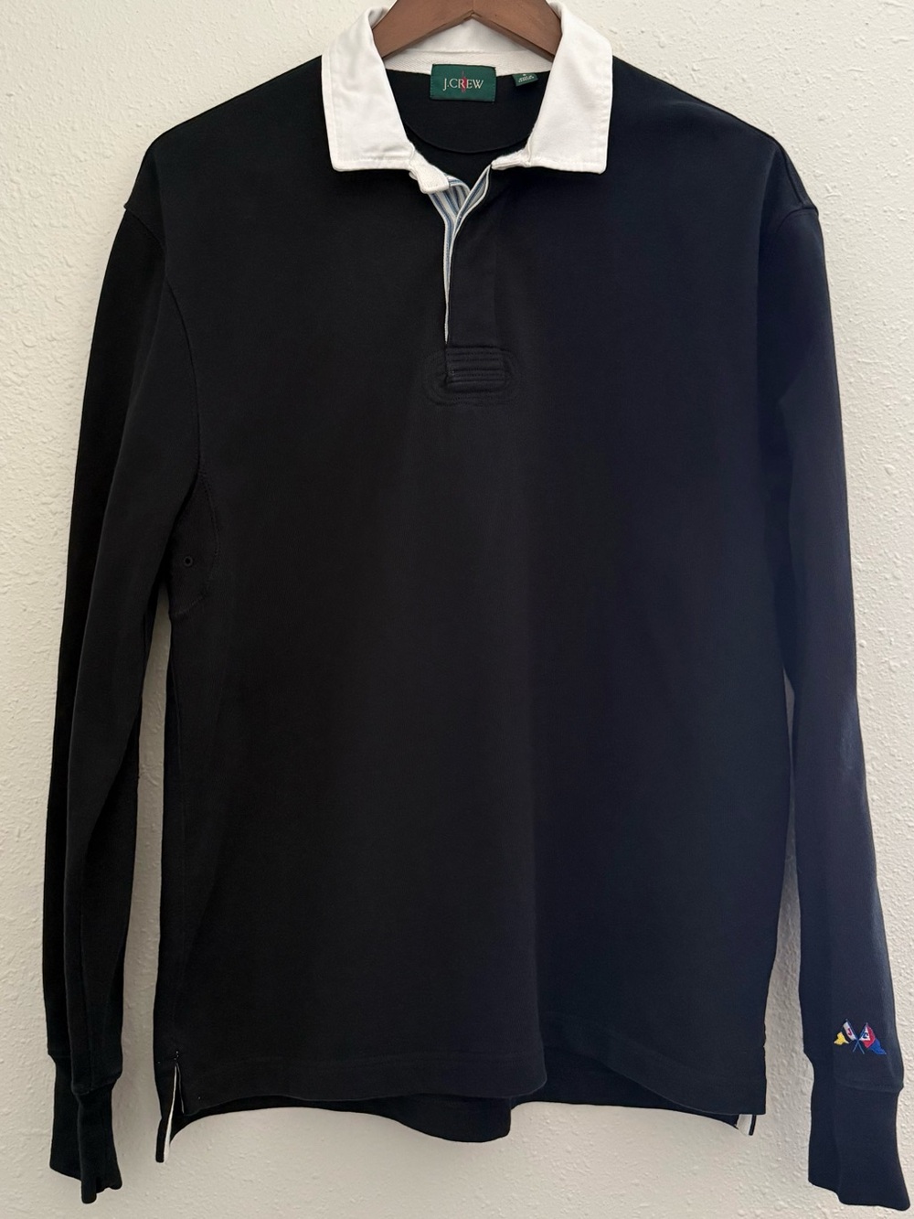 J.Crew Men’s Rugby Shirt Black White Regatta Flags Long Sleeve Size S